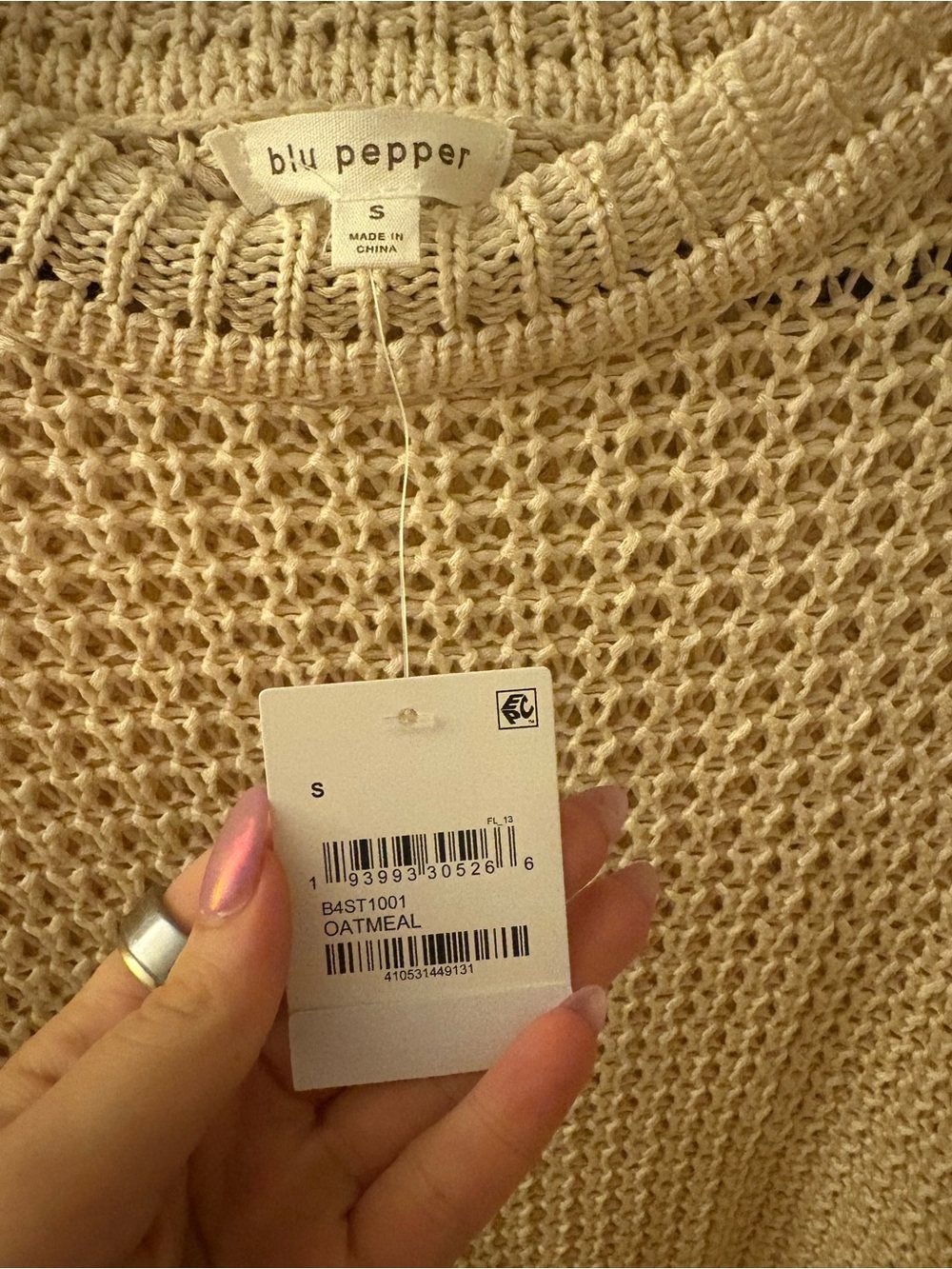 Blu Pepper Oatmeal Open-Knit Crew Sweater